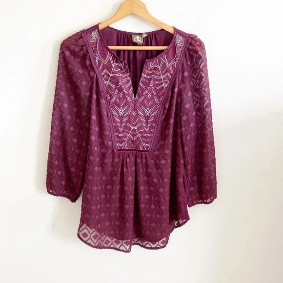 Anthropologie One September maroon peasant Embellished beaded Boho Tunic Top - Picture 1 of 6